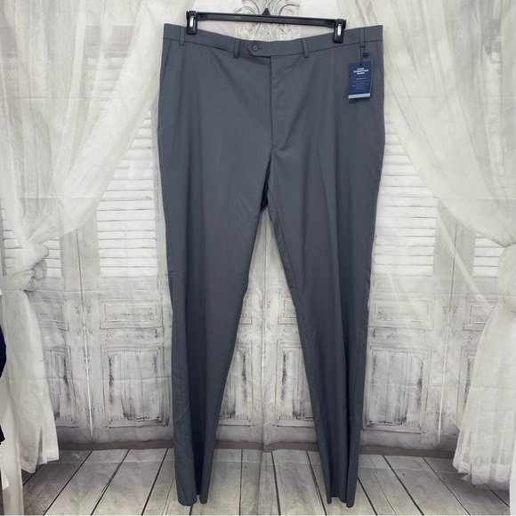 NWT Hart Schaffer Marx Size 44 Reg Gray Chicago Straight Flat Wool Dress Pants - Picture 1 of 8